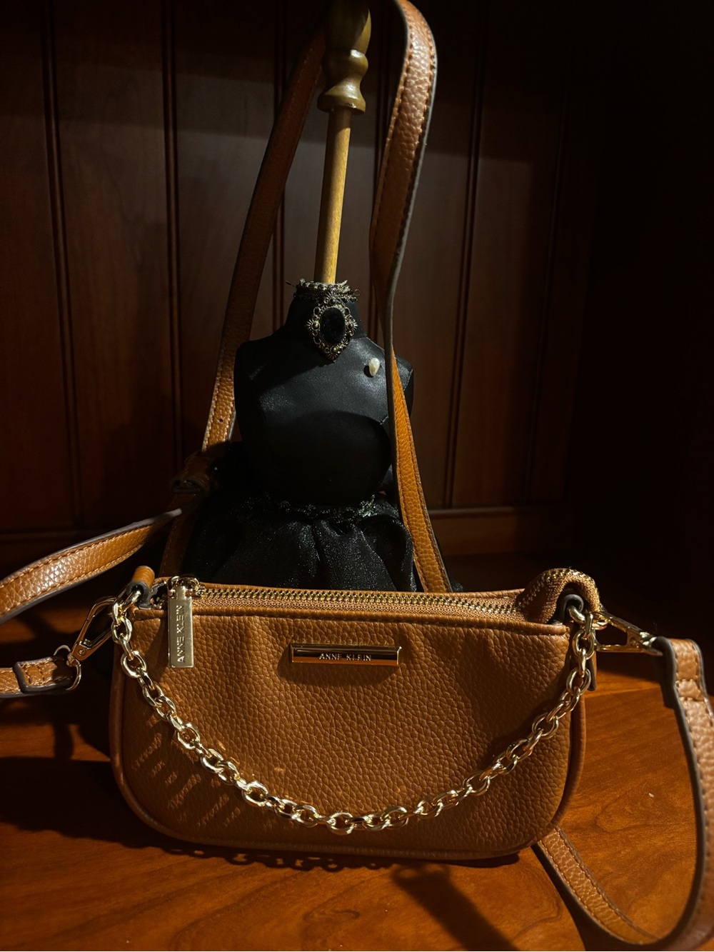 Anne Klein Caramel Tan Leather Mini Crossbody With Chain Swag NWOT